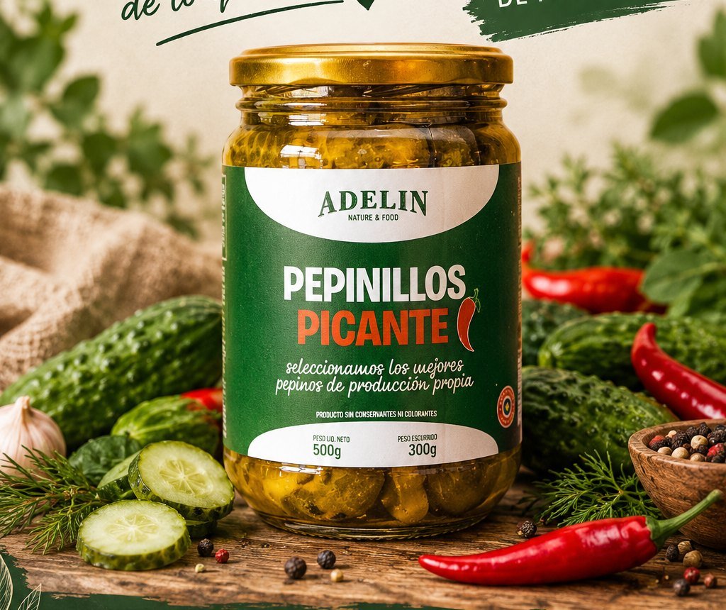 Frasco de pepinillos picante Adelin rodeado de pepinos, locotes y especias